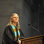 College chaplain Carolyn Fure-Slocum delivers the Salutatory at Opening Convocation.