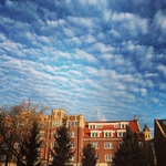 Sunshine, blue skies, and a spectacular formation of cirrocumulous clouds over Davis Hall.
