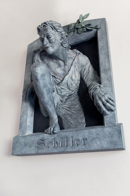 This sculpture, "Schiller's Breakout," hangs in a sunny stairwell in Gould Library.