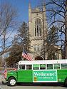 The Green Bus in front of Skinner Memorial chapel