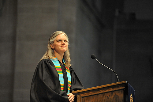 College chaplain Carolyn Fure-Slocum delivers the Salutatory at Opening Convocation.