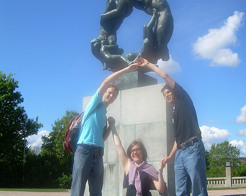Oslo, Norway: Bill Brinkman, Adam Scherling, and Muira McCammon replicate a statue in Oslo, Norway.