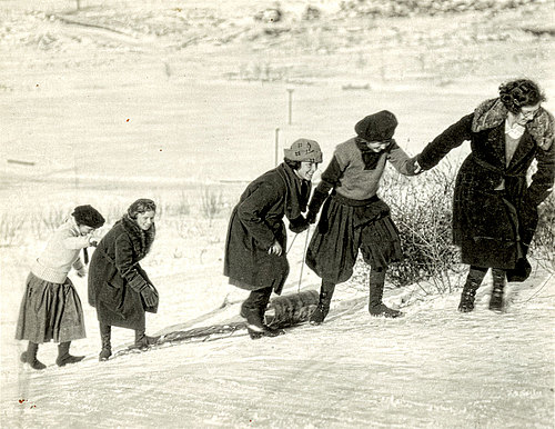 women tobogganing, c. 1930