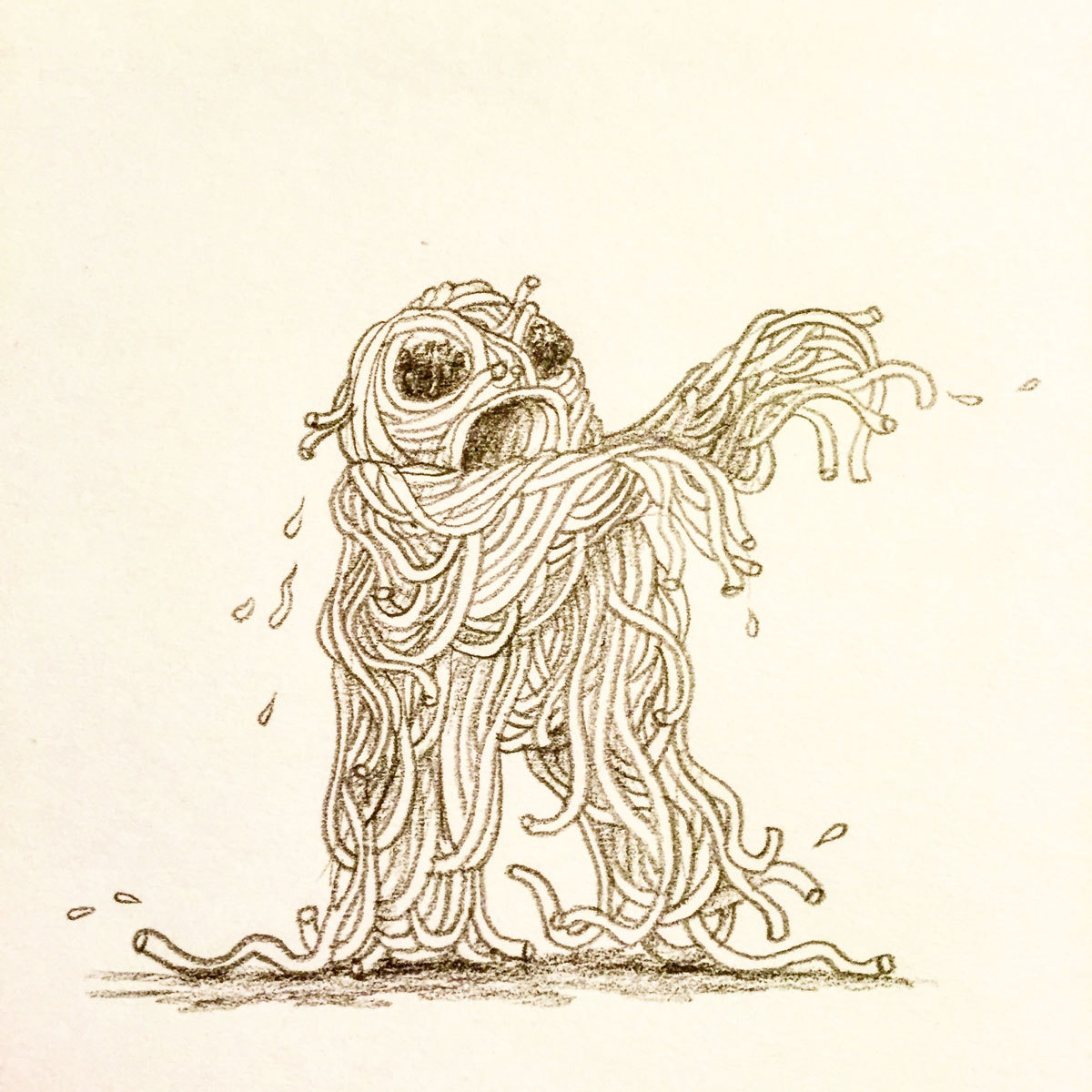 “I’m always sketching during meetings,” says Huyck. “It gives my restless hands something to do. Here, I started by drawing noodles, and when they started to take the shape of a figure, I added the meatballs for eyes and it became Spaghyeti!”
