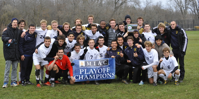 The men's soccer team celebrates its sixth conference title during the past seven seasons in 2013