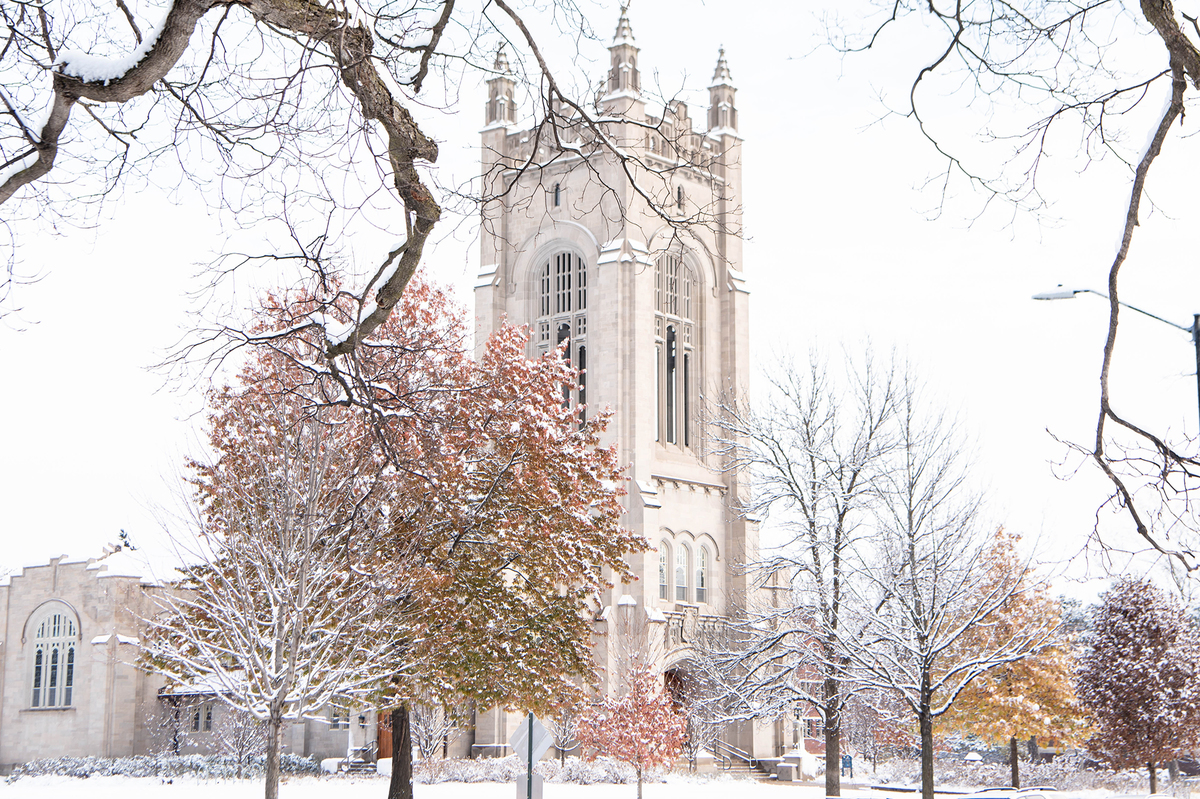 Fresh snowfall covers campus outside Skinner Chapel