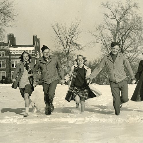 Carleton students in the snow, 1940s