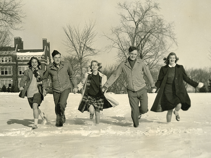 Carleton students in the snow, 1940s