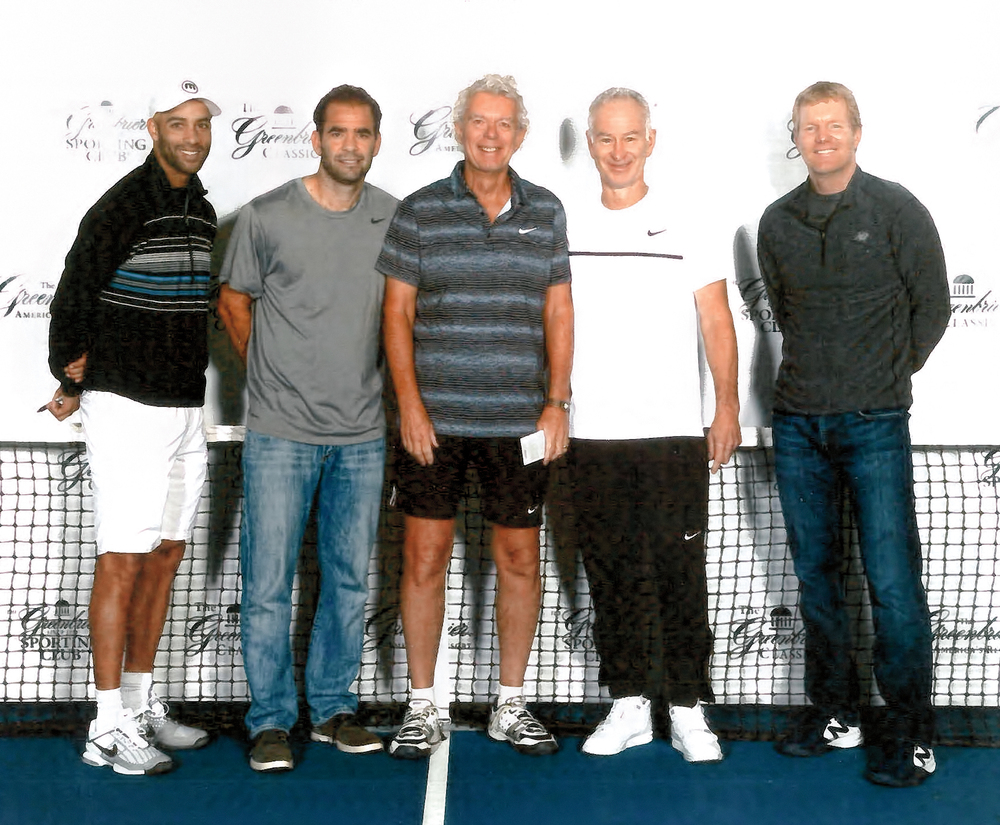 Bob Allcorn ’69 (center) with tennis stars James Blake, Pete Sampras, John McEnroe, and Jim Courier.