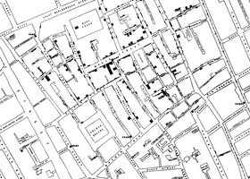 Snow's map charted cases of Cholera, locating the source of infection at the Broad Street Pump.